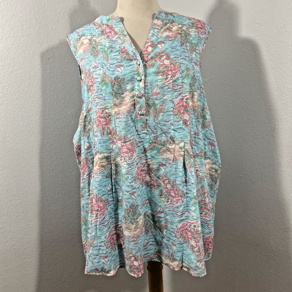 Kim Rogers Top Womens XXL Aqua Corivor Sleeveless AOP Blouse‎
